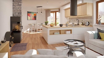 vizualizace -návrh řešení obývacího pokoje s kk - Prodej domu 114 m², Zvíkov