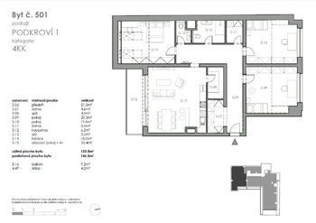 Karta bytu z Prohlášení vlastníka - Prodej bytu 4+kk v osobním vlastnictví 134 m², České Budějovice