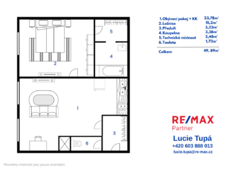Půdorys bytu - Pronájem bytu 2+kk v osobním vlastnictví 50 m², Praha 7 - Bubeneč