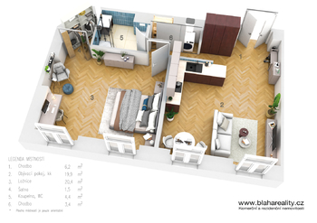 3D půdorys - Pronájem 2+kk, Zborovská 814/19, Praha - Smíchov - Pronájem bytu 2+kk v osobním vlastnictví 56 m², Praha 5 - Smíchov