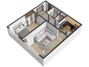Půdorys 3D - Prodej bytu 2+1 v osobním vlastnictví 50 m², Havířov