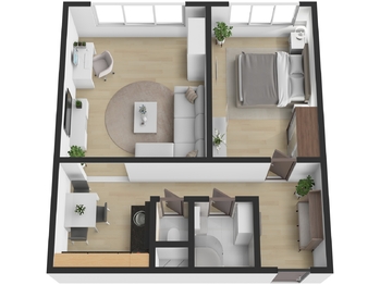 Půdorys 3D - Prodej bytu 2+1 v osobním vlastnictví 50 m², Havířov