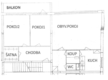 Schéma aktuální dispozice vč. dřevitých konstrukcí - Prodej bytu 3+1 v družstevním vlastnictví 72 m², Praha 4 - Michle