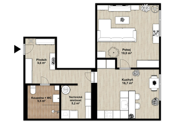 Půdorys 2D - Pronájem bytu 1+1 v osobním vlastnictví 56 m², Ostrava