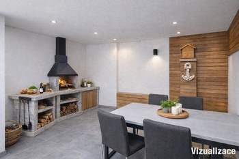 Vizualizace venkovního posezení - Prodej domu 78 m², Bříza