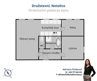 Orientační půdorys bytu - Prodej bytu 3+kk v osobním vlastnictví 62 m², Netolice