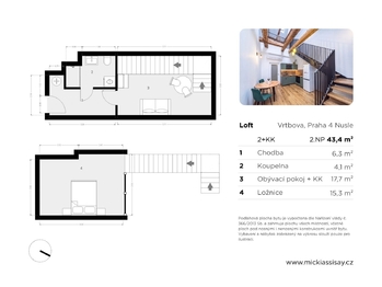 Půdorys - Pronájem bytu 2+kk v osobním vlastnictví 42 m², Praha 4 - Nusle