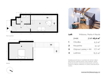 Půdorys - Pronájem bytu 2+kk v osobním vlastnictví 42 m², Praha 4 - Nusle