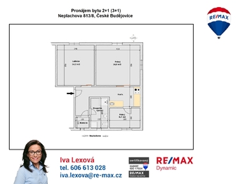 orientační půdorys - Pronájem bytu 2+1 v osobním vlastnictví 71 m², České Budějovice