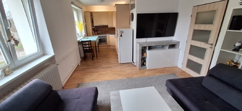 Obývací pokoj s kuchyňským koutem - Prodej bytu 2+kk v osobním vlastnictví 54 m², Jedovnice