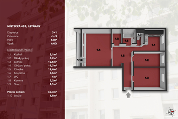Půdorys bytu - Prodej bytu 3+1 v osobním vlastnictví 68 m², Praha 9 - Letňany