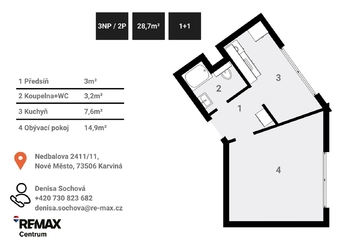 Byt 1+1| Denisa Sochová | +420 730 823 682 | denisa.sochova@re-max.cz - Prodej bytu 1+1 v osobním vlastnictví 29 m², Karviná