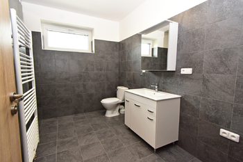 Koupelna se sprchovým koutem, umyvadlem se skříňkou, zrcadlem, toaletou a místem na pračku a sušičku.  - Pronájem bytu 2+kk v osobním vlastnictví 60 m², Kostelec nad Labem