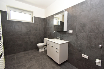 Koupelna se sprchovým koutem, umyvadlem se skříňkou, zrcadlem, toaletou a místem na pračku a sušičku.  - Pronájem bytu 2+kk v osobním vlastnictví 60 m², Kostelec nad Labem