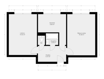 Půdorys okótovaný - Prodej bytu 2+1 v družstevním vlastnictví 54 m², Praha 10 - Malešice