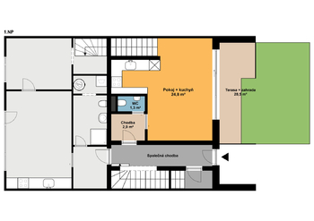 Půdorys 1. NP - Prodej bytu 3+kk v osobním vlastnictví 75 m², Kouřim