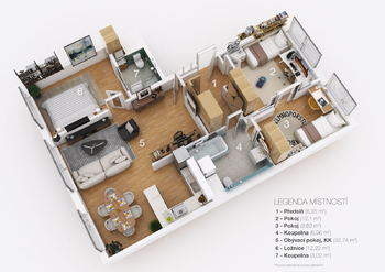 3D půdorys vizualizace - Prodej bytu 4+kk v osobním vlastnictví 80 m², Praha 4 - Nusle