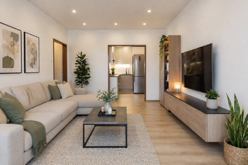 Vizualizace - obývací pokoj - Prodej bytu 2+kk v osobním vlastnictví 47 m², Praha 7 - Holešovice