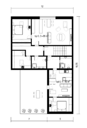 Půdorys: dispoziční návrh 2.NP byt 3+kk (85 m²) a 2+kk (45 m²) s terasou  - Prodej obchodních prostor 318 m², Břeclav