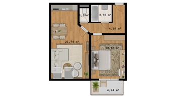 Půdorys - Prodej bytu 2+kk v osobním vlastnictví 51 m², Hradec Králové