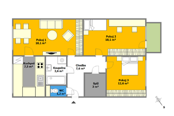 Návrh uspořádání po rekonstrukci - Prodej bytu 3+1 v osobním vlastnictví 74 m², Brno