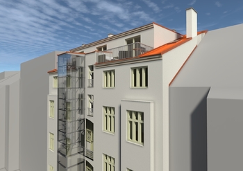 pohled na dům ze dvora - VIZUALIZACE - Prodej bytu 2+kk v osobním vlastnictví 46 m², Praha 8 - Karlín