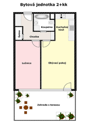 Půdorys bytu. - Pronájem bytu 2+kk v osobním vlastnictví 52 m², Praha 9 - Hostavice