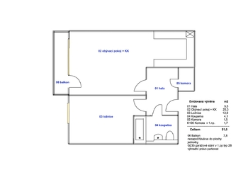 Půdorys - Prodej bytu 2+kk v osobním vlastnictví 51 m², Praha 5 - Hlubočepy