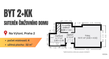 Půdorys - Pronájem bytu 2+kk v osobním vlastnictví 32 m², Praha 2 - Nové Město