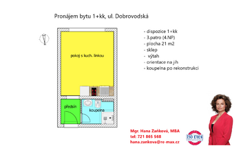 plánek - Pronájem bytu 1+kk v osobním vlastnictví 21 m², České Budějovice