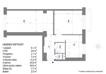 půdorys - Prodej bytu 2+1 v osobním vlastnictví 55 m², Praha 9 - Letňany