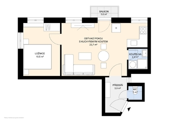 půdorys - Prodej bytu 2+kk v osobním vlastnictví 43 m², Praha 8 - Libeň