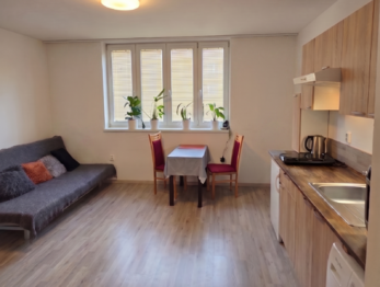 rozkládací sedačka s jídelním stolem a kuchynskou linkou - Pronájem bytu 1+kk v osobním vlastnictví 27 m², Brno