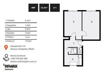 Byt 2+1| Denisa Sochová | +420 730 823 682 | denisa.sochova@re-max.cz - Prodej bytu 2+1 v družstevním vlastnictví 53 m², Ostrava