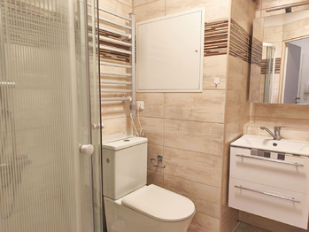 Koupelna se sprchovým koutem, toaletou a umyvadlem.  - Pronájem bytu 2+kk v osobním vlastnictví 37 m², Praha 9 - Černý Most