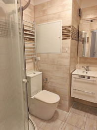 Koupelna se sprchovým koutem, toaletou a umyvadlem.  - Pronájem bytu 2+kk v osobním vlastnictví 37 m², Praha 9 - Černý Most