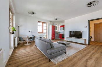 VIZUALIZACE OBÝVACÍHO POKOJE - Pronájem bytu 1+kk v osobním vlastnictví 37 m², Praha 6 - Břevnov 