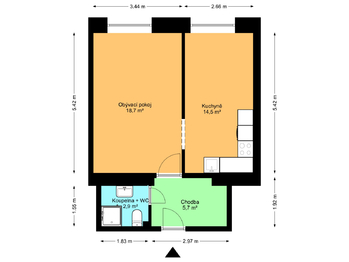 Plán bytu - Prodej bytu 2+kk v osobním vlastnictví 44 m², Praha 3 - Žižkov