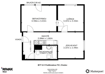 Půdorys - Prodej bytu 2+1 v osobním vlastnictví 57 m², Chodov