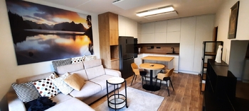 obývací pokoj s kuchyňskou linkou - Prodej bytu 3+kk v osobním vlastnictví 90 m², Třešť