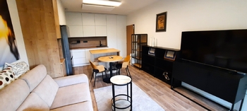 obývací pokoj s kuchyňskou linkou - Prodej bytu 3+kk v osobním vlastnictví 90 m², Třešť