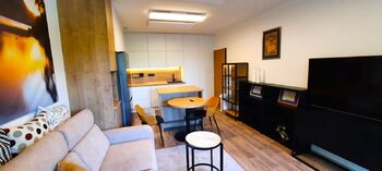 obývací pokoj s kuchyňskou linkou - Prodej bytu 3+kk v osobním vlastnictví 90 m², Třešť