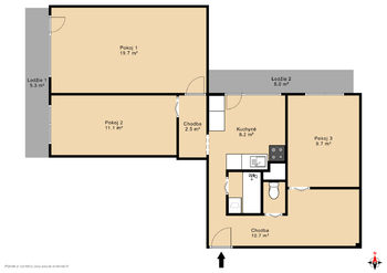 Půdorys - Prodej bytu 3+1 v osobním vlastnictví 70 m², Most