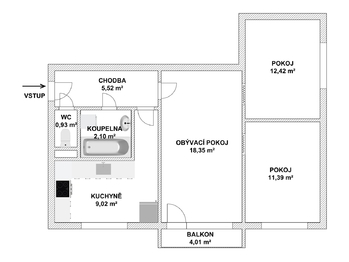 Půdorys - Prodej bytu 3+1 v osobním vlastnictví 61 m², Šumperk