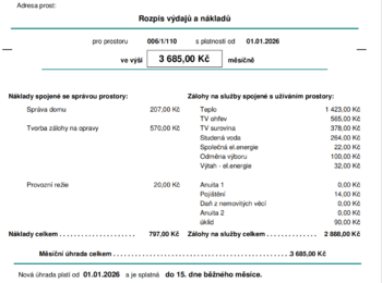 Rozpis výdajů - Prodej bytu 3+1 v osobním vlastnictví 61 m², Šumperk