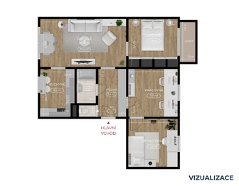 Byt 4+1 v Blatné – půdorys (vizualizace) - Prodej bytu 4+1 v osobním vlastnictví 74 m², Blatná