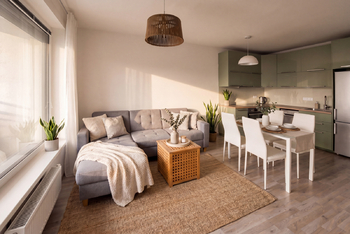 VIZUALIZACE - Obývací pokoj a kk - Prodej bytu 2+kk v osobním vlastnictví 49 m², Praha 9 - Vysočany