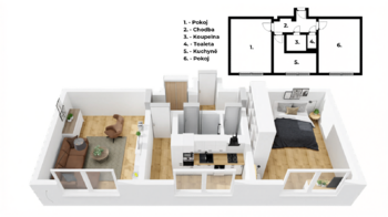 Půdorys - Pronájem bytu 2+1 v osobním vlastnictví 56 m², Praha 7 - Holešovice