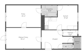 půdorys - Pronájem bytu 2+1 v osobním vlastnictví 70 m², Praha 8 - Libeň