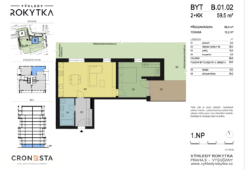 Plánek - Pronájem bytu 2+kk v osobním vlastnictví 57 m², Praha 9 - Vysočany